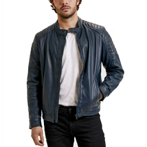 Navy Nomad Casual Biker Style Genuine Leather Jacket - $4,808.13 MXN