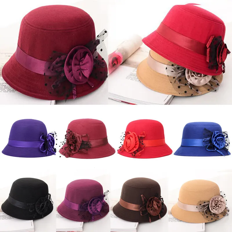 Vintage Women Wool Felt Bucket Cap Flower Ladies Winter Cloche Church Bowler Hat - £11.79 GBP