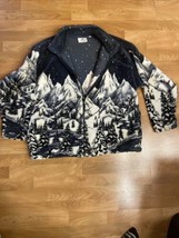 Vintage 90s Black Mountain AOP Outdoor Forest Mountain XL Fleece Jacket USA - £55.07 GBP