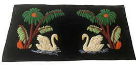 Vtg Tapestry Wall Hanging Art Black Velvet Chenille Swans Beach Palm Trees MCM - £149.12 GBP