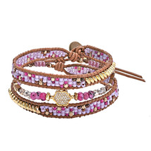 Sparkling Brass CZ Flower and Purple Tone Beads Multi-Wrap Leather Bracelet - £19.16 GBP