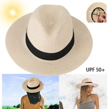 Womens Panama Straw Hat Wide Brim Summer Beach Sun Foldable Cap Fedora Upf 50+ - £22.37 GBP
