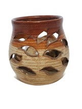 Ceramic Stone Vase Candle Holder Leaves Decor Handmade Pottery 4&quot; Pen Pencil - £12.74 GBP