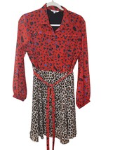 Benares Red &amp; Leopard Print Long Sleeve Dress Belt M Lined Mob Wife Offi... - $54.33