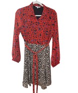 Benares Red &amp; Leopard Print Long Sleeve Dress Belt M Lined Mob Wife Offi... - $73.79 CAD