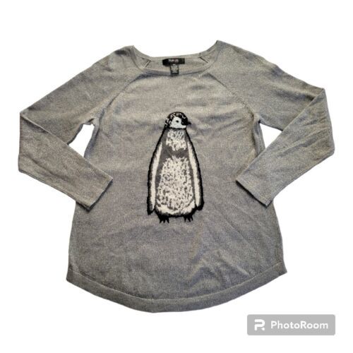 Primary image for Style & Co Women PM Penguin Sweater Top Embroidered Metallic Silver Gold Speckle