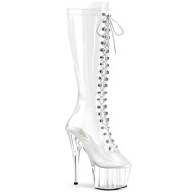 PLEASER ADORE-2020C Women&#39;s Clear 7&quot; Heel Platform Lace-Up High Knee Boots - $95.95