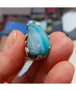 Artistic Sterling Silver Ring with fancy shaped green Agate Cabochon Size 8 - $70.00
