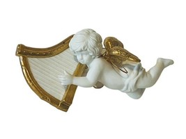 Heralding Angel Christmas Ornament Danbury Mint Cherub Figurine Golden Harp Vtg - £31.71 GBP