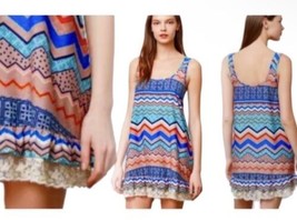 $128 Anthropologie Rock the Print Shift Dress Small 2 4 Blue Vibrant Lace Hem - £32.95 GBP