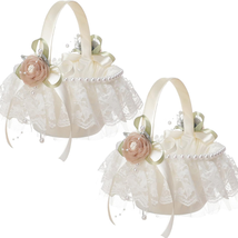 2Pcs Wedding Flower Girl Basket Decorated with Lace Pearls Romantic Wedding - £21.70 GBP