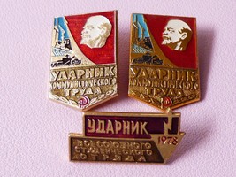 VTG Original Political Russian USSR Lenin gold tone enamel lot of 3 lapel pins - £15.79 GBP