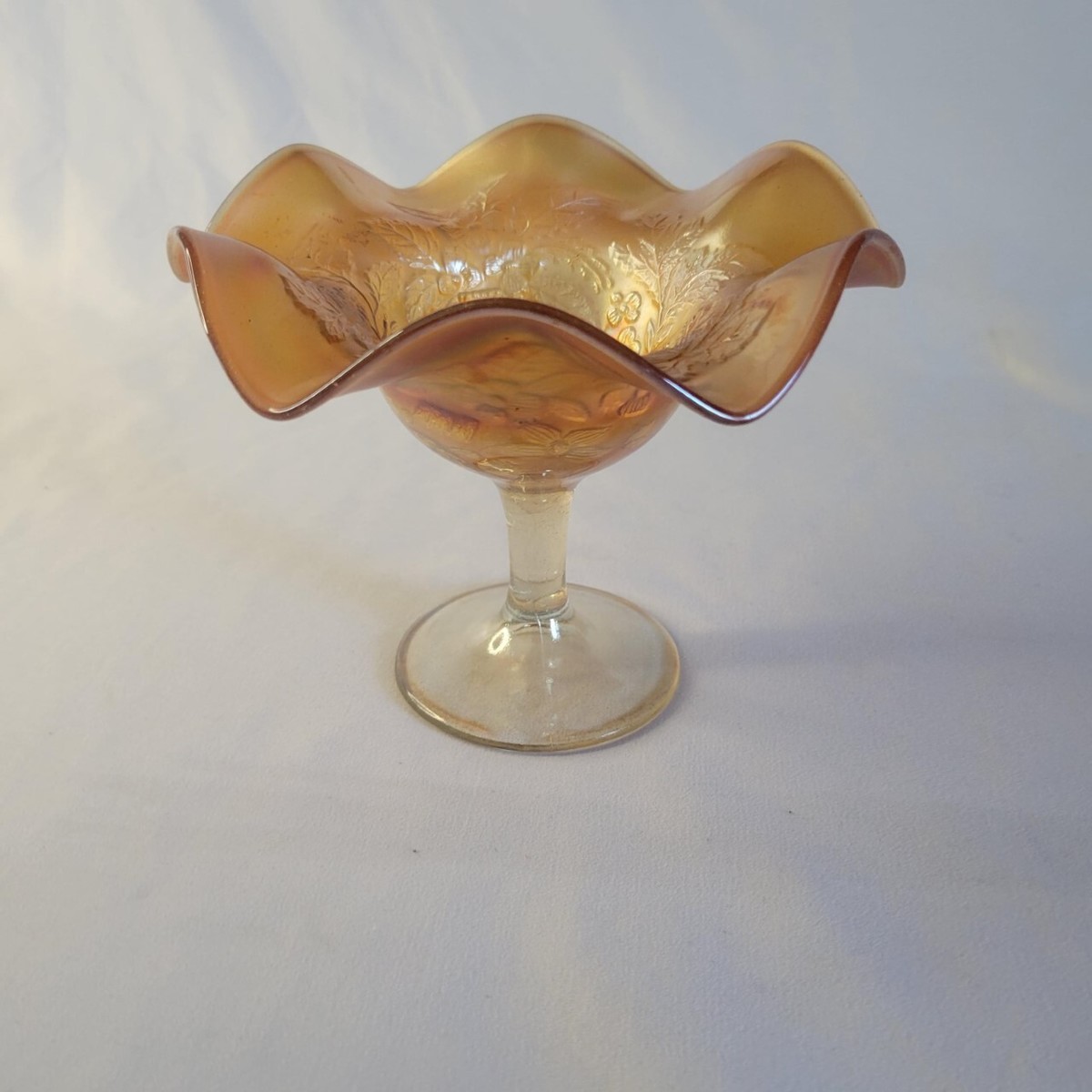 Fenton Marigold Footed Compote Dish Peacock Urn Ruffled Edge Carnival Gl... - $17.60