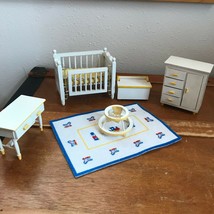 Vintage Lot of Dollhouse Miniature Yellow &amp; White Painted Wood Nursery Set w  - £30.43 GBP