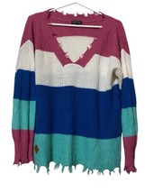 Simply Southerns Sweater Women’s Medium Distressed Striped Pink White Blue - $16.82