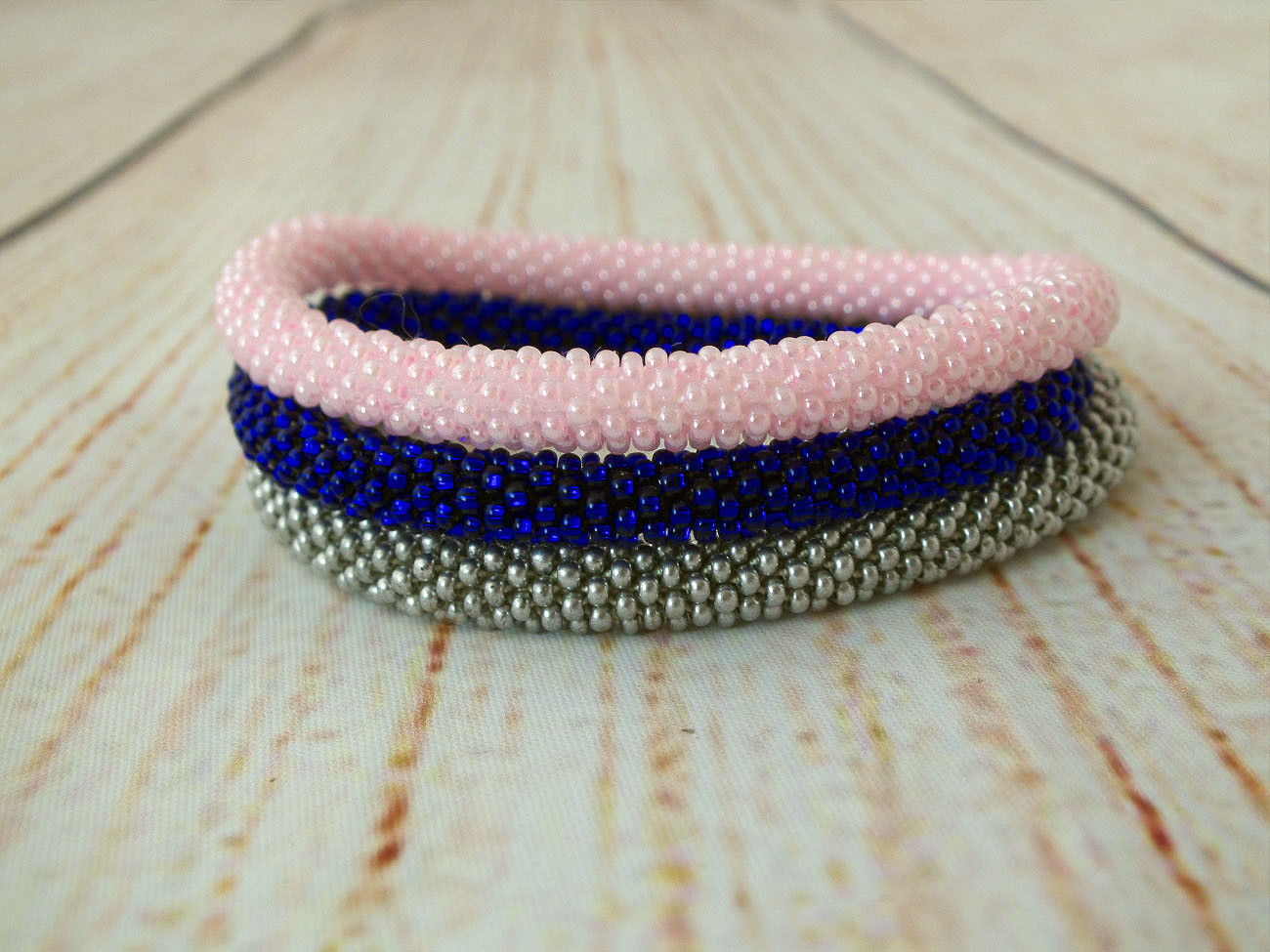 Rolling Beaded Bracelets Set Silver Pink Blue Bangle Cuff Bracelets for Women - $18.00