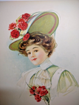 Victorian Art Print Lady In Fancy Flower Hat Bouquet Lithograph 1908 Original - £23.48 GBP
