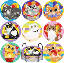 8 Pcs Diamond Painting Coasters with Holder-Cat Diamond Art Coasters Kits for Ad - £13.92 GBP