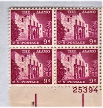 U S Stamp, The Alamo, San Antonio,  Plate Block 9 cent stamp, 1956 - £1.75 GBP