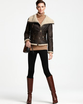 Brown Women&#39;s Jacket With Real Cowhide Leather Shearling Flap Collar Zipper - £154.76 GBP
