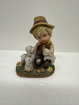 Boy Sitting with three Sheep Lamb Ceramic Bisque Figurine - $8.86