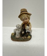Boy Sitting with three Sheep Lamb Ceramic Bisque Figurine - $140.96 MXN