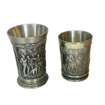 2 Old West German Pewter SKS Relief Shot Glasses Panel Scenes People Animals - £26.81 GBP