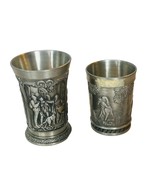 2 Old West German Pewter SKS Relief Shot Glasses Panel Scenes People Ani... - £26.31 GBP