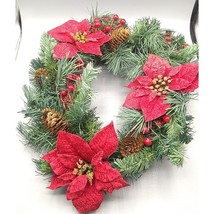 Artificial Faux Pine and Holly Berry Poinsettia Wreath, Floral Holiday Christmas - £58.00 GBP