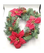 Artificial Faux Pine and Holly Berry Poinsettia Wreath, Floral Holiday C... - £57.01 GBP
