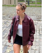 Women Red Lapel Zipper Leather Cropped Coat 2023 Chic Retro Loose Casual Short  - $159.99