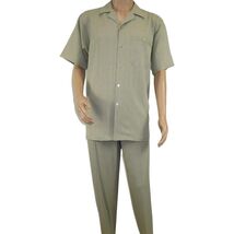 Men 2pc Walking Leisure Suit Short Sleeves DREAMS Plaid Satin 253-04 Sage Green image 2