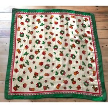 Vintage Christmas Scarf Square Cejon Bells Wreaths Ornaments Gifts Holly 21&quot; - £12.07 GBP