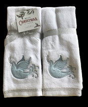 Christmas Fingertip Towels Peace Dove Embroidered Blue Set of 2 Guest Bathroom - £28.30 GBP