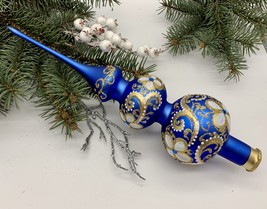 Big blue with gold and white glitter Christmas glass tree topper, XMAS f... - $22.79