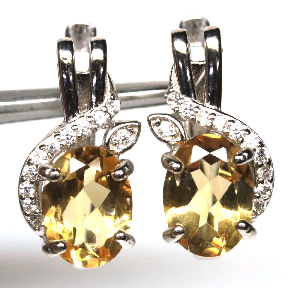 925 Sterling Silver 6 x 8 mm. Yellow Citrine &amp; Zircon Earrings White Gol... - $43.35
