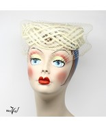 Vintage 1950s 3&quot; High Ivory Mesh Ring Pillbox Hat w Ribbons and Veil - H... - £25.54 GBP