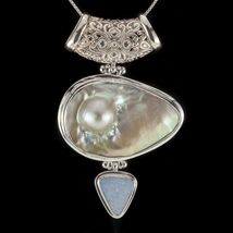 Vintage Mother of Pear Slider Pendant Set in Sterling Silver 86 mm Tall - $272.88
