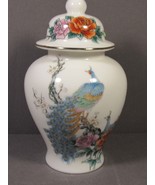 Porcelain Ginger Jar Peacock &amp; Floral 5.5&quot;x3.5&quot; White with Gold Trim ULT... - £11.03 GBP