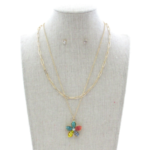 Paper Clip and Multi Color Flower Layered Pendant Necklace Gold - £8.13 GBP