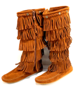 Minnetonka 1652 5-Layer Fringe Moccasin Boots Womens Size 10 Brown Suede... - $69.29