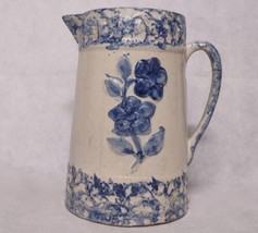Primitive Floral Sponge Ware Pitcher Cobalt Blue Gray Glazed 1800&#39;s-1900&#39;s Era - £311.79 GBP