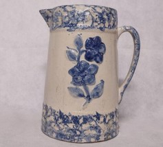 Primitive Floral Sponge Ware Pitcher Cobalt Blue Gray Glazed 1800&#39;s-1900&#39;s Era - £291.49 GBP