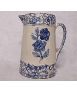 Primitive Floral Sponge Ware Pitcher Cobalt Blue Gray Glazed 1800&#39;s-1900... - £306.63 GBP