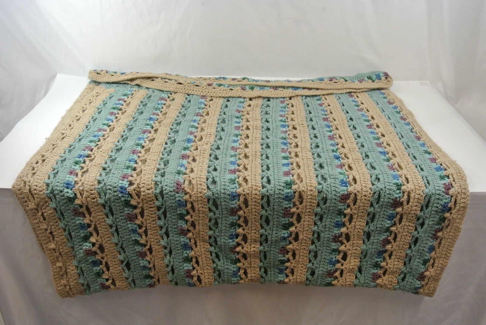 Primary image for Handmade Throw Blanket Knitted Crocheted ~70 x 40" Teal Beige Boho Vtg Sofa