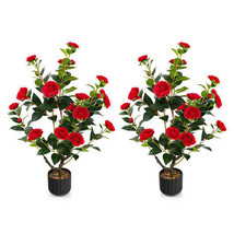 38 Inch Artificial Camellia Tree Faux Flower Plant in Cement Pot 2 Pack-Red - Co - $164.39