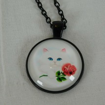 White Fluffy Cat Blue Eyes Red Rose Black Cabochon Pendant Chain Necklace Round - £2.39 GBP