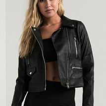 Women black leather jacket designer Black moto ladies biker leather jacket #11 - £118.32 GBP