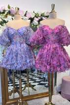 Lavender &amp; Fuchsia Off-the-Shoulder Ruffles Homecoming Dress - £117.86 GBP