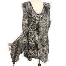 Adele &amp; May Animal Print Sheer Top L Mixed Media Flowy Tunic Blouse Slee... - £18.12 GBP
